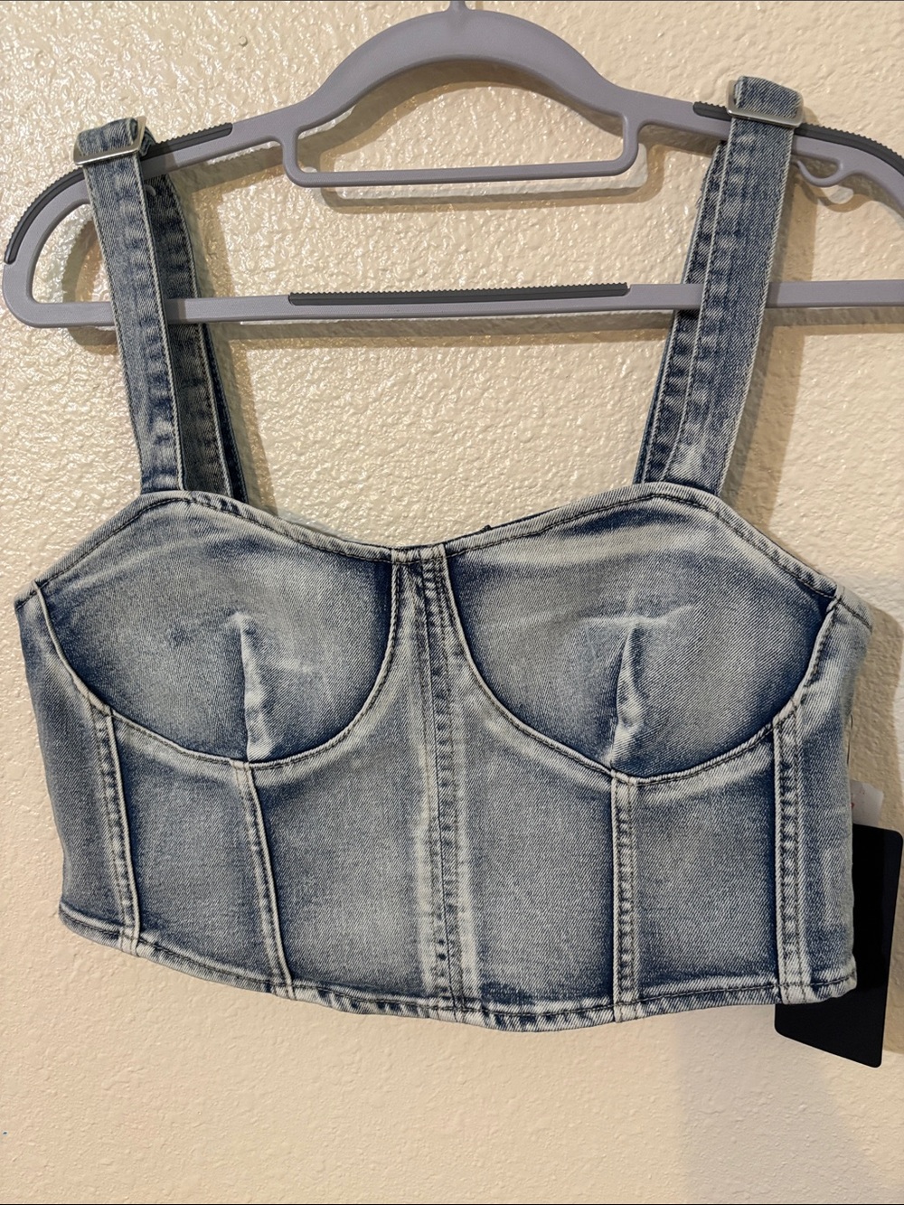 American Bazi Distressed Light Wash Denim Crop Bustier Top